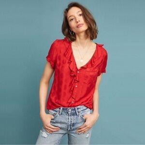 Maeve Red Ruffle Front Short Sleeve Blouse
